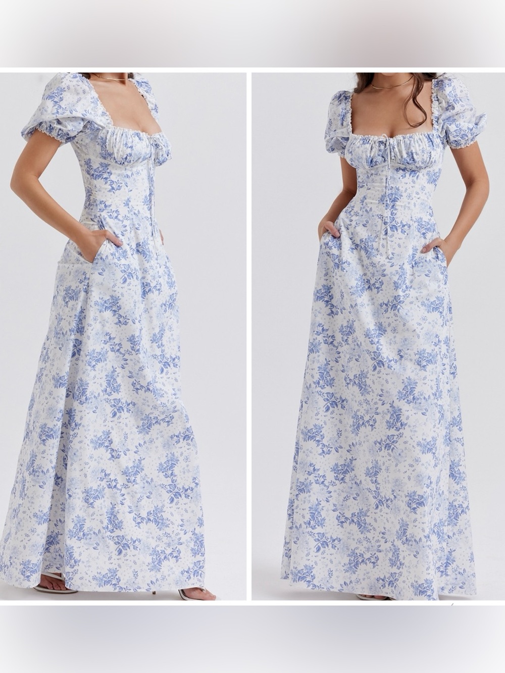 House of CB Felizia Maxi Dress Blue Floral Milkmaid Puff Sleeve Large D-E Cup